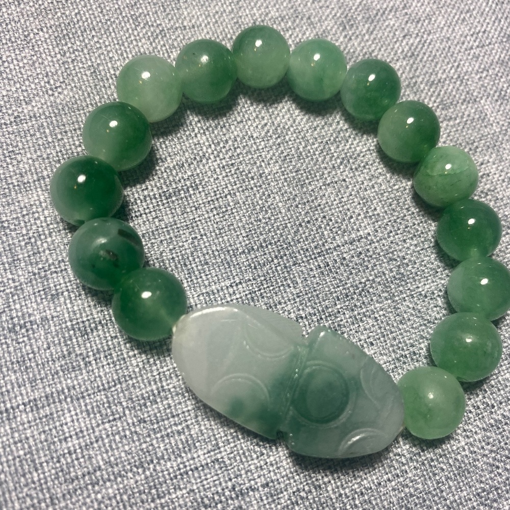 Green Jade Round Beads Bracelet for Women Men Lucky Charm Xiu/Pi Yao